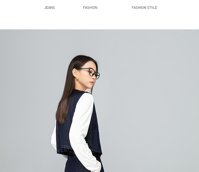 Bộ chân váy denim và áo gilê kiểu Pháp phong cách Hồng Kông, mặc nhiều lớp, thời trang dạo phố — Váy xanh 65338 chi tiết 29