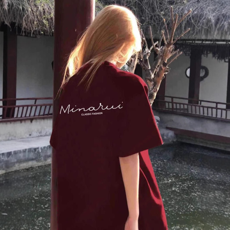 chubby girl plus size wine red Simple Letter Short-sleeved T-shirt Women's Summer Loose American Style Retro Fashion Brand Half-sleeved Top chubby girl plus size wine red Simple Letter Short-sleeved T-shirt Women's Summer Loose American Style Retro Fashion Brand Half-sleeved Top