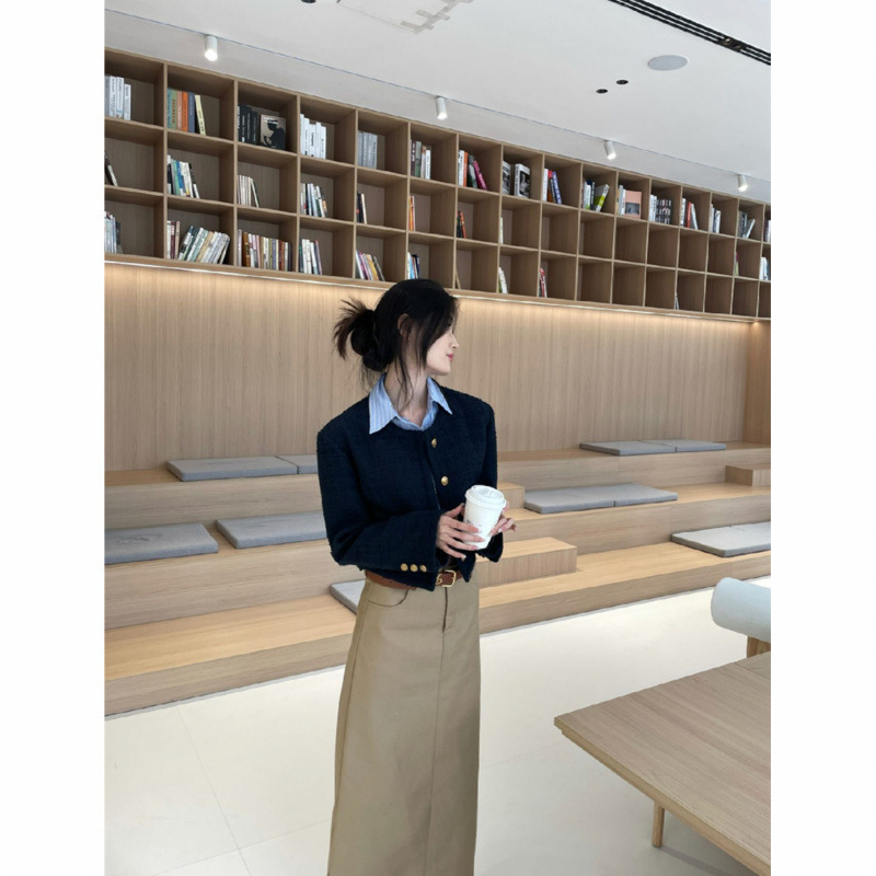 秋季新款高级感小香风外套通勤气质条纹衬衫显瘦半身裙三件套女装|undefined
