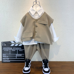 男の子秋服セット25新作ベビー英国風子供服ハンサム子供秋シャツとベストの3点セットトレンド