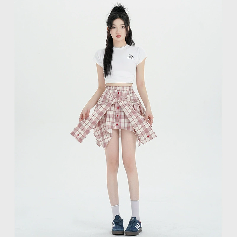 Нерегулярная короткая юбка для женщин 2025 лето миниатюрная высокая талия клетчатая юбка А-силуэта стиль горячей девушки юбка-рубашка