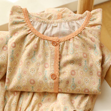 秋冬季女士全棉睡衣女日系磨毛印花圆领开衫家居服长袖套装