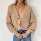 Autumn and Winter European and American Cross-border Women's New Sweater Women's Solid Color Deep V-neck Lantern Sleeve Button Loose Knitted Cardigan