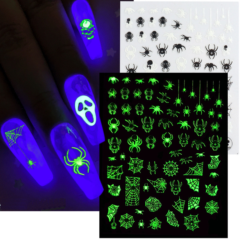 Cross-border Halloween nail Art Sticker 3D Luminous Spider Web Bat Pumpkin Skull Halloween Adhesive nail Sticker nail