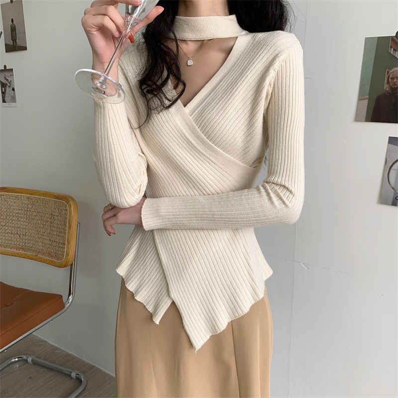 Solid Color Halter Neck Cross Stitching Sweater NSFYF113714