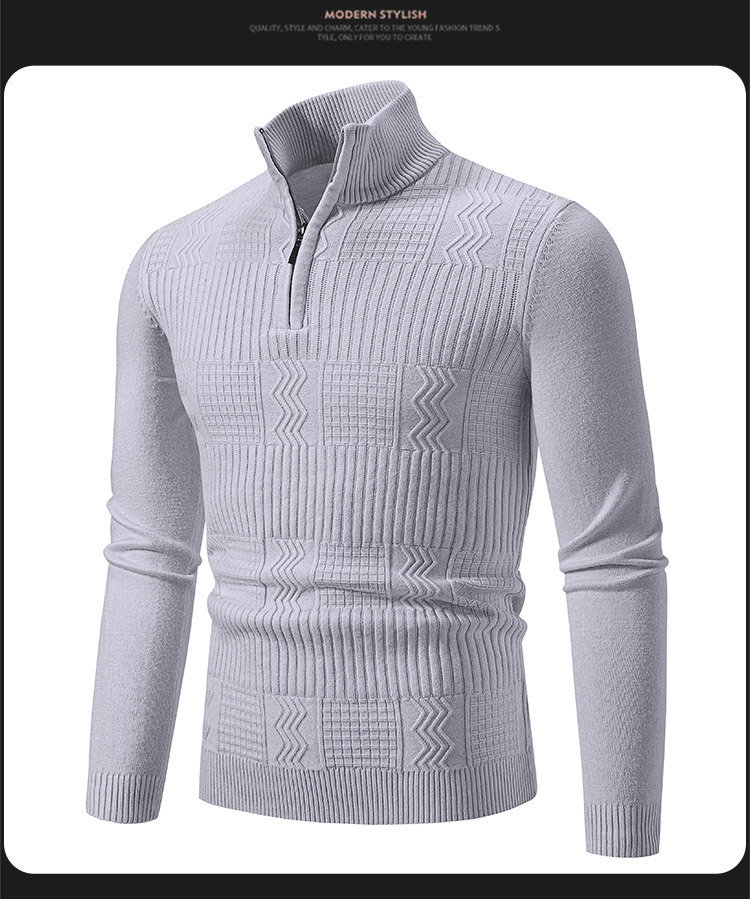 Maglione lavorato a maglia da uomo, maglione lavorato a maglia con zip e collo semi-dolce da uomo, pullover a maniche lunghe, casual, vestibilità slim, strato di base termico_voghion.com