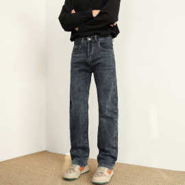 外贸批发潮牌深蓝色牛仔裤男宽松直筒裤潮流烫钻设计休闲长裤子男
