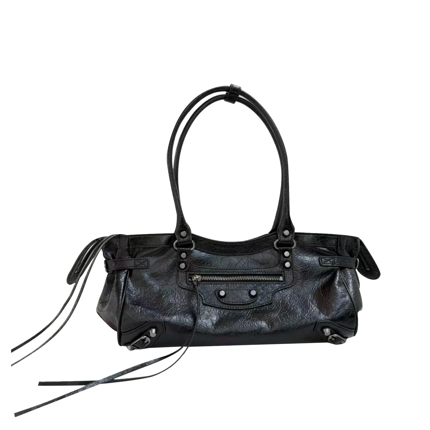 2025 New Women's Le City Horizontal Moto Bag Retro Spicy Girl Studded Bag Pleated Top Grain Cowhide Underarm Bag - Thumbnail 5
