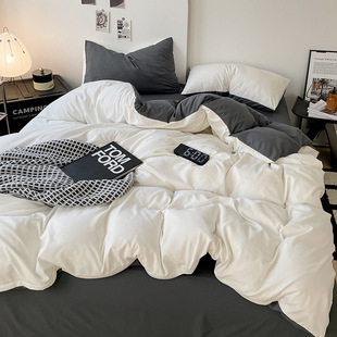 ins style solid color double-piece washed cotton bed four-piece set simple bed sheet quilt cover bed cover student dormitory three and four-piece set