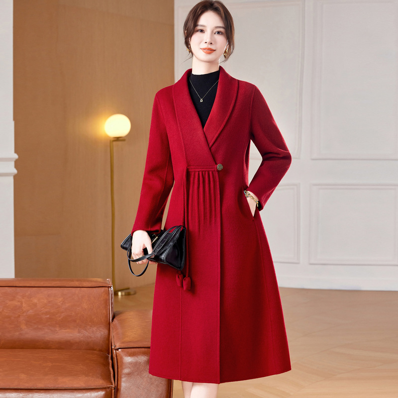Middle-Aged and Elderly Women's Double-Sided Wool Outwear, Mid-Length Mother's Autumn and Winter Classy Woolen Outwear, Mother-In-Law Wedding Dress
