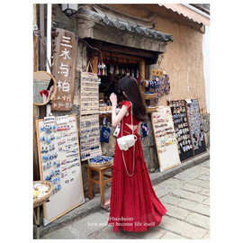 海边度假风红色波点连衣裙女装夏季新款系带收腰显瘦字长裙