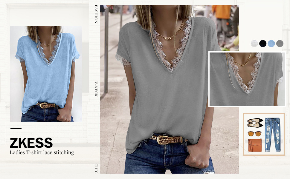 Lässiges T-Shirt für Damen mit V-Ausschnitt und Spitzenbesatz für den Sommer – atmungsaktives Polyester, lockere Passform, kurze Ärmel, einfarbig_voghion.com