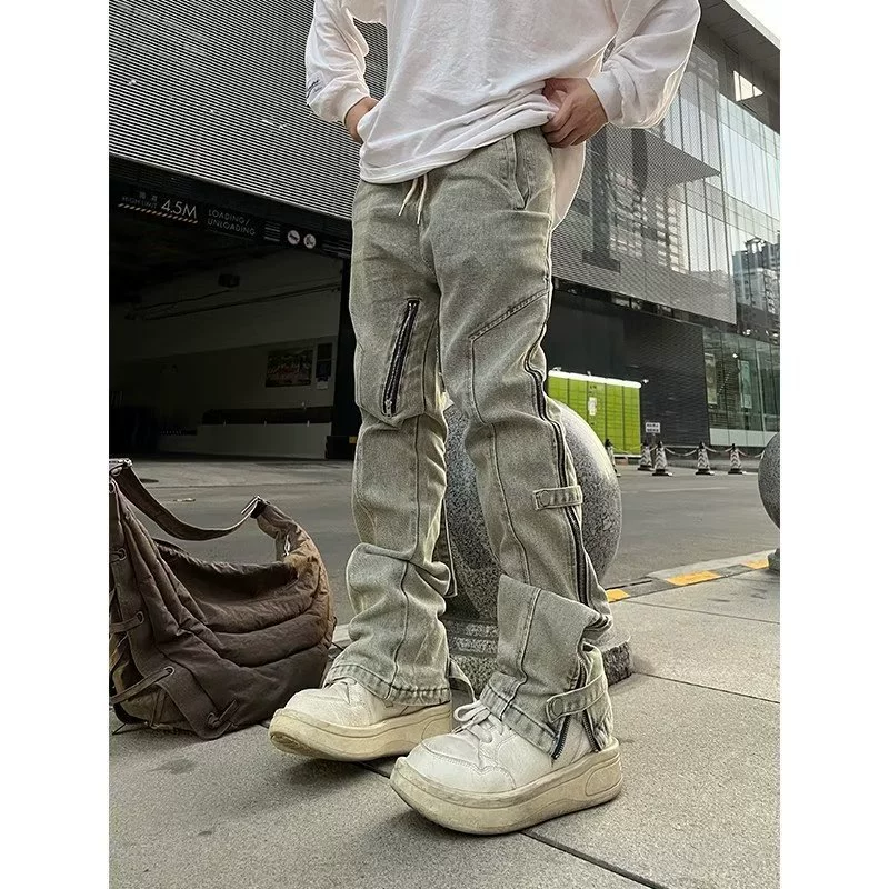 Старая улица с мойкой на стороне молнии микро-рога джинсы нишевые красивые ретро высокие штаны мужской прилив