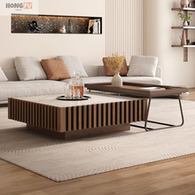 中古风新款2025意式现代简约茶几组合客厅胡桃色带抽屉储物正方形