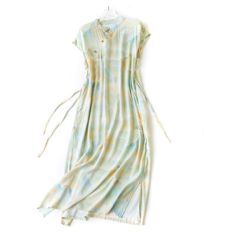 Spring and Summer Chinese-Style Zen-Inspired Improved Cheongsam Women's Cotton Silk Retro Ink Print Over-The-Knee Dress Spring and Summer Chinese-Style Zen-Inspired Improved Cheongsam Women's Cotton Silk Retro Ink Print Over-The-Knee Dress