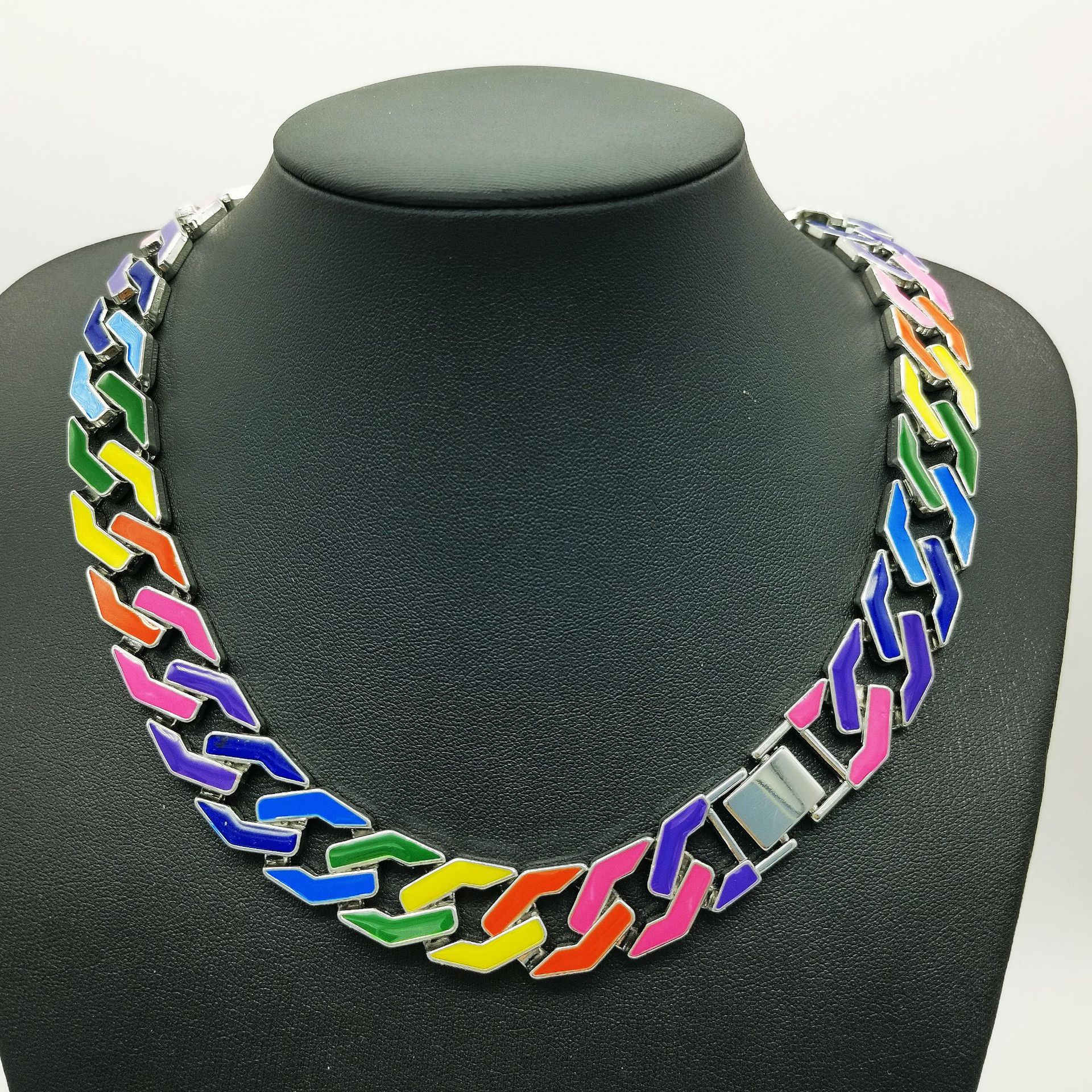 Hip Hop Trendy Cuban Chain Enamel Color Bracelet 17mm Rainbow Diamond Male and Female Hiphop Necklace_voghion.com