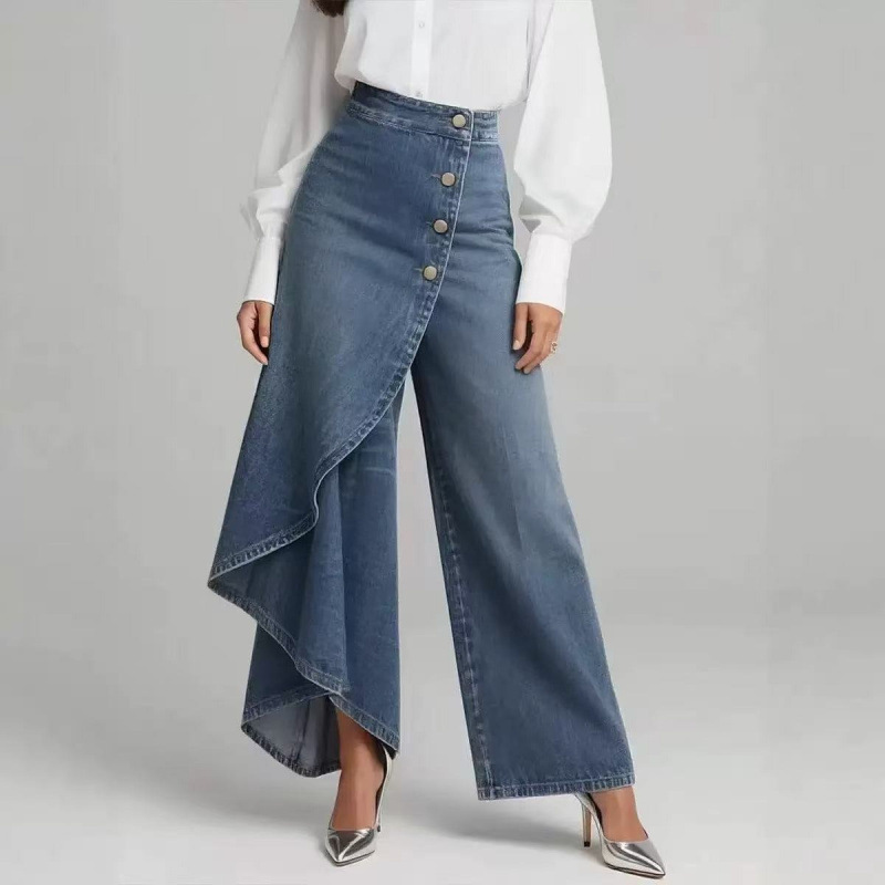 European and American Cross-Border Amazon Independent Site Loose Solid Color Casual Denim Button-Decorated Washed Denim Skirt Pants for Women European and American Cross-Border Amazon Independent Site Loose Solid Color Casual Denim Button-Decorated Washed Denim Skirt Pants for Women