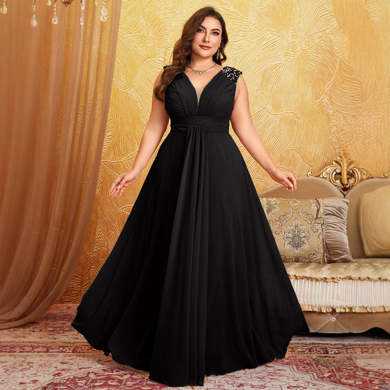 Women's Plus Size Sequin Embroidered V-Neck Sleeveless Waist-Cinching Chiffon Long Evening Party Dress Women's Plus Size Sequin Embroidered V-Neck Sleeveless Waist-Cinching Chiffon Long Evening Party Dress
