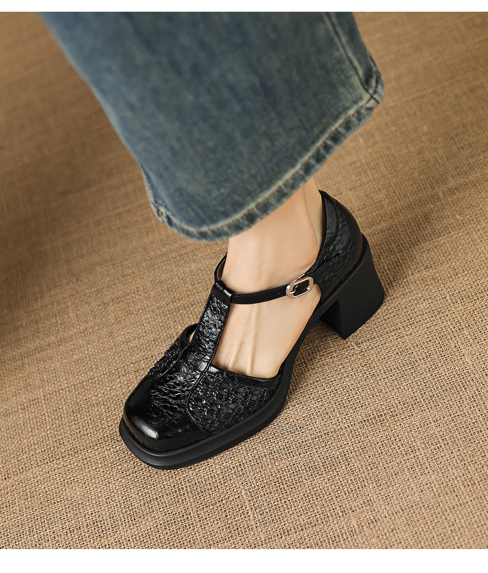 Sandal cao gót nữ quai ngang phong cách vintage, gót 8.5 cm, đế dày, mũi kín — đen chi tiết 15