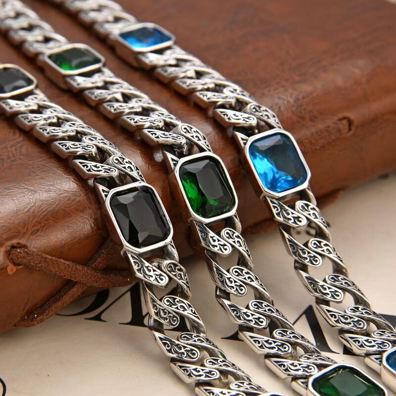 New Square Diamond rattan pattern bracelet S925 sterling silver romantic ocean blue Turkish Emerald ancient style men's bracelet
