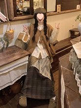 大码学院风套装女春季日系复古格子半身裙胖MM显瘦衬衫马甲三件套