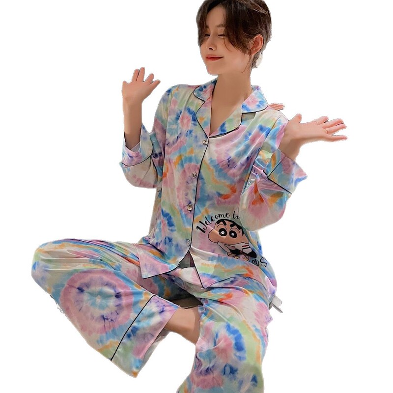 Trendy New Women's Loungewear Ice Silk Soft Lapel Pajamas Cartoon Shin-Chan Long-Sleeve Silk Two-Piece Set Manufacturer Trendy New Women's Loungewear Ice Silk Soft Lapel Pajamas Cartoon Shin-Chan Long-Sleeve Silk Two-Piece Set Manufacturer