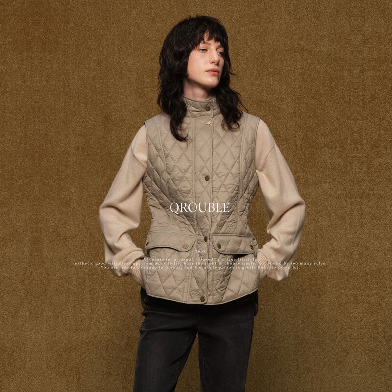 Qrouble Elegant Quilted Vest for Women - Designer Brand, Stand Collar, Warm, Slimming, Waist-Cinching, Graceful Quilted Vest