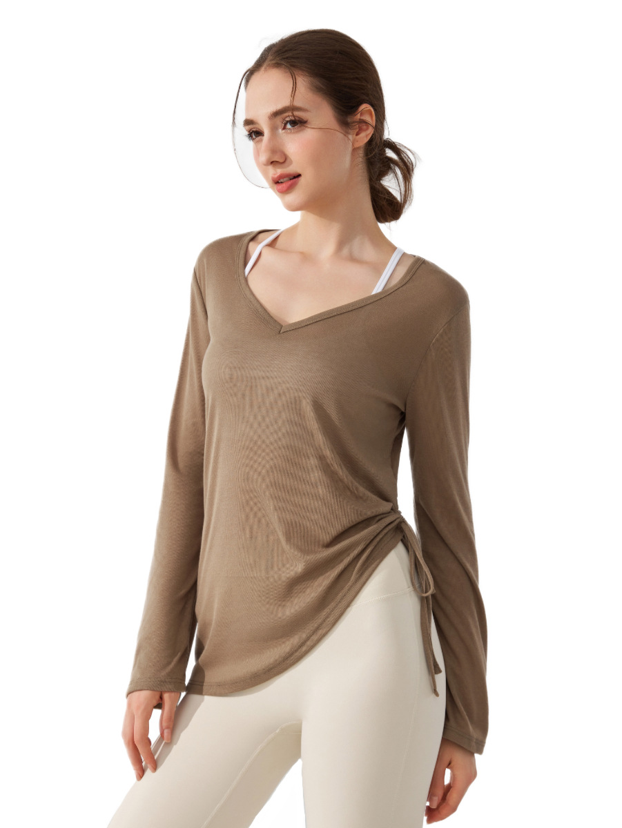 Casual suelto camisa de abrigo de manga larga cubierta de cadera de mujer plegado camiseta de cuerda pilates ropa de yoga