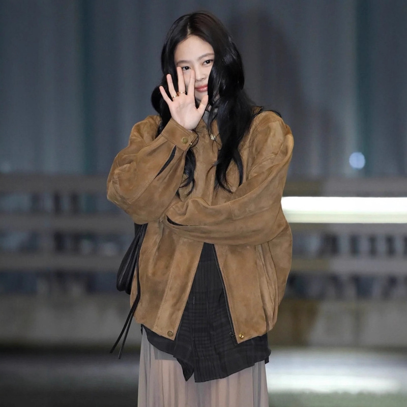 In Stock Sis** Suede Bomber Jacket Korean Designer Women's Jennie Same Style Zipper Korean Jacket