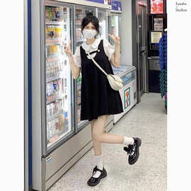 时尚假两件背带连衣裙夏季娃娃领少女学生减龄衬衫小个子吊带裙子
