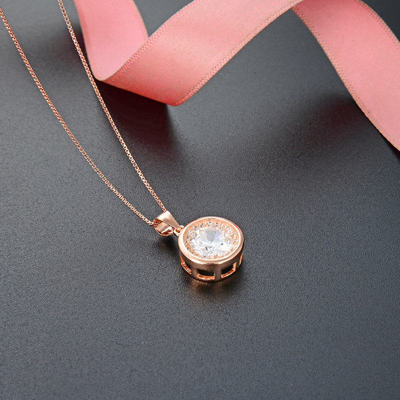 Estilo japonés y coreano de moda simple geométrica redonda clavícula cadena collar s925 plata esterlina con incrustaciones ZIRCON oro rosa colgante para las mujeres