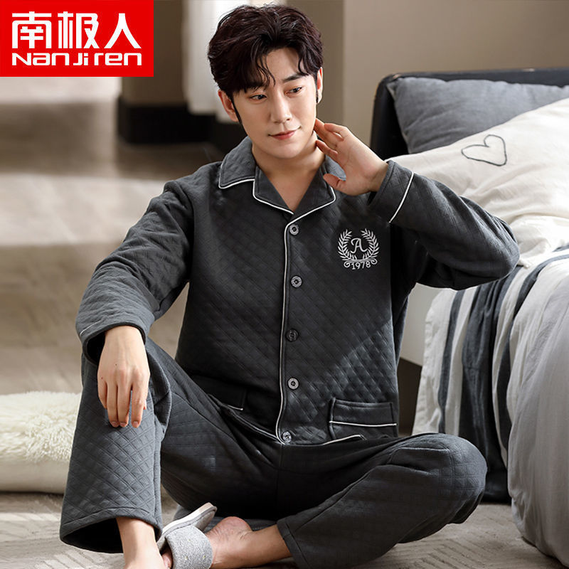 Pijamas hombres 100% algodón Otoño e Invierno Nuevo más tamaño joven y de mediana edad intercalar espesado cálido traje de primavera y otoño