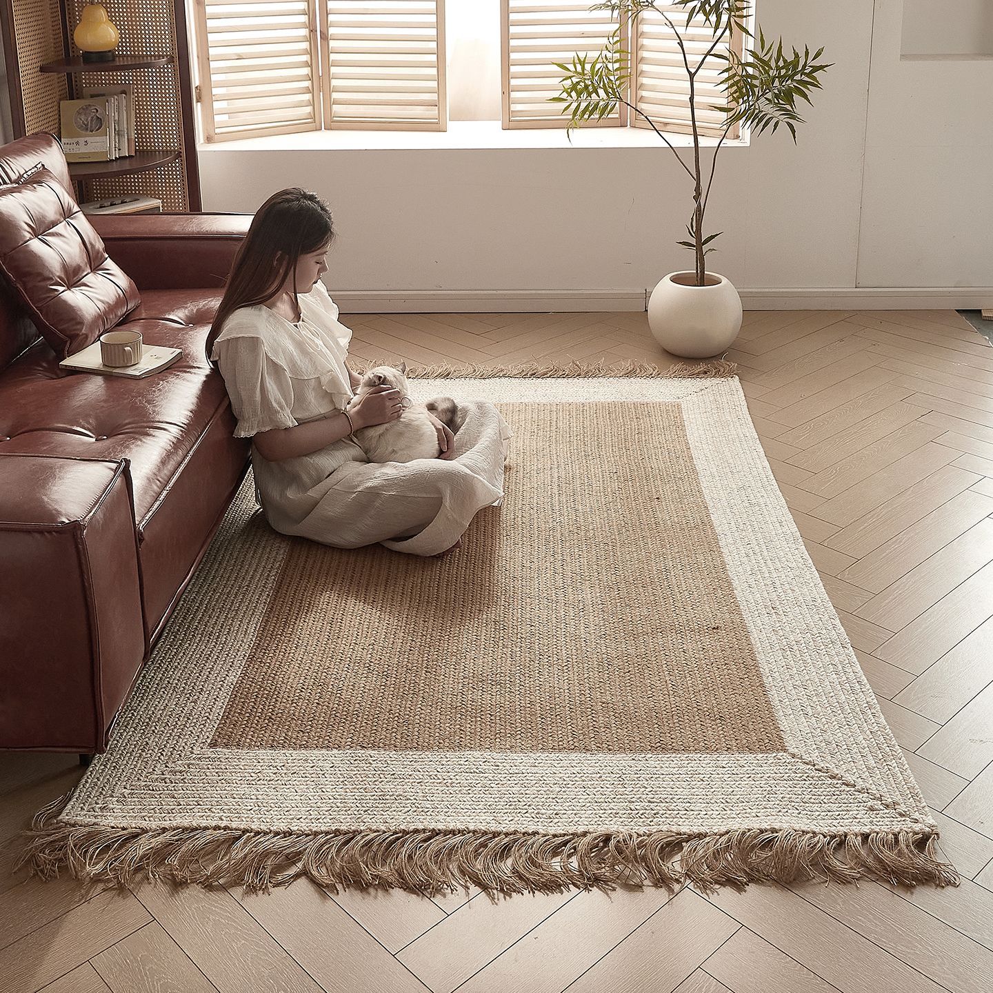 Alfombra de yute tejida sin pegamento, borla hecha a mano, borde retro ligero, sala de estar, dormitorio, manta de doble cara, alfombra de estilo Zen