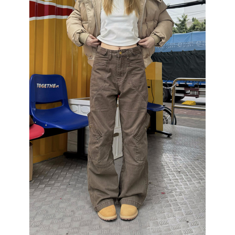 XFX American Style Retro Loose Straight Multi-Pocket Overalls Women's Waist Adjustable Casual Pants Men's Wide-Leg Pants