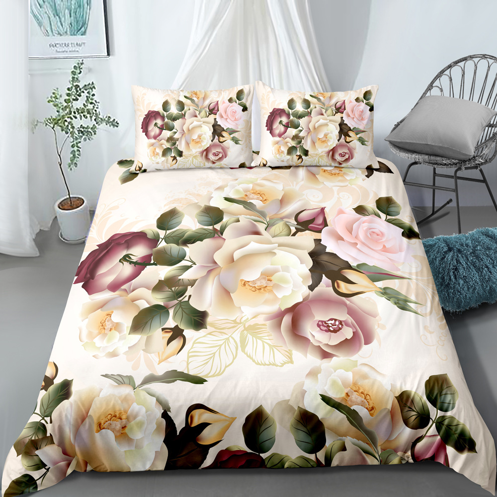 New plant flower bedding and pillowcase three piece set with digital printing of 90g brushed home textile can be_voghion.com