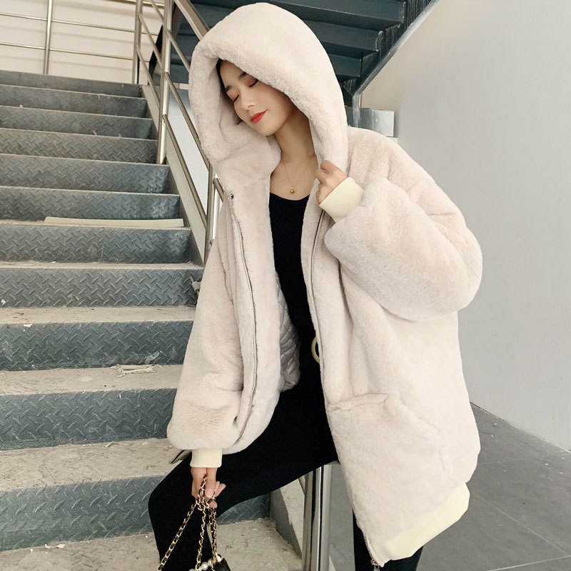 Autumn and Winter Plush Outwear Women's Mid-Length Hooded Loose Thickeneded Fur Outwear Korean Style Imitation Mink Velvet Fur Sweatshirt