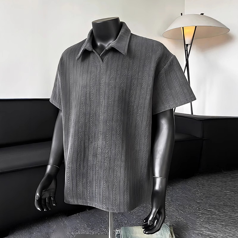 Turn-Down Collar Youth 2025 Large Size Gray Jacquard Polo Collar Short-Sleeve Trendy Men's Summer Shirt Cool Half-Sleeve