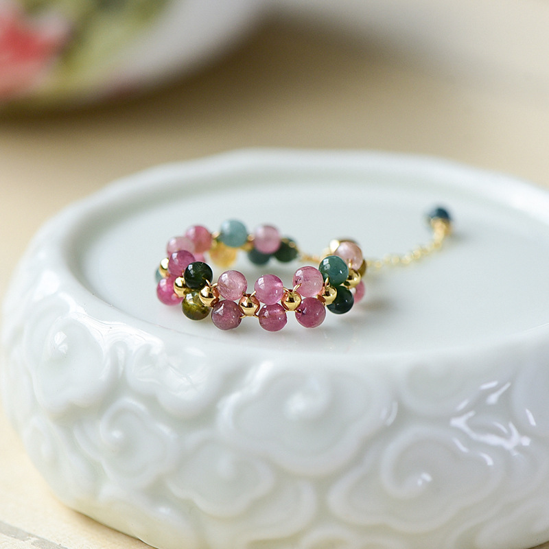 natural rainbow tourmaline ring female rough stone 14k gilded gold watermelon color autumn and winter ring