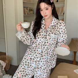 日系少女秋冬新款金丝绒睡衣女豹纹Kitty卡通可爱甜美保暖家居服