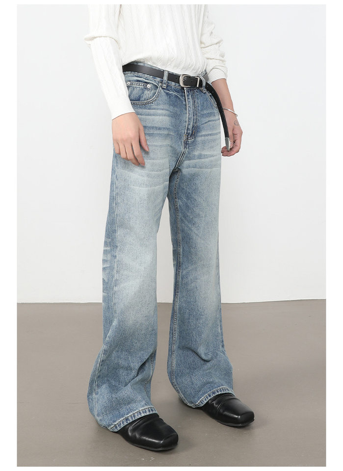 Quần jean nam ống loe nhẹ dáng rộng thoải mái, vải denim xử lý bạc màu — màu xanh, màu xanh nhạt, màu xám đen chi tiết 12