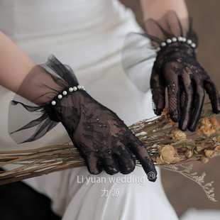 Vintage Lace Beaded Wedding Gloves Women's Thin High-end Sense Black Color Exquisite Sexy Etiquette Bride Wedding Short