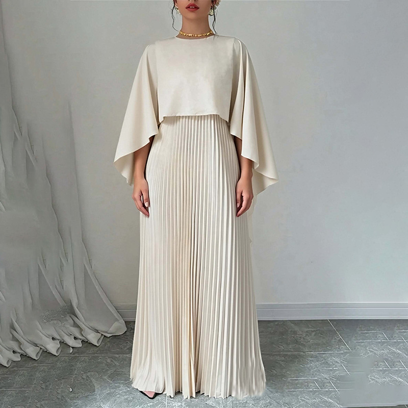 Spring 2026 New Women's Clothing, Cape Elegant Solid Color Round Neck Pleated Slim Fit Fashion Suit_ecoleips.com