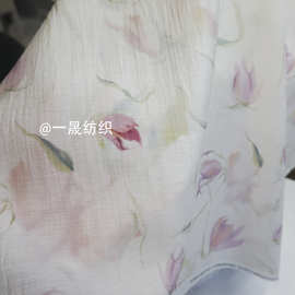郁金香新中式不透曲丝绉印花布料中国风垂感连衣裙汉服旗袍面料