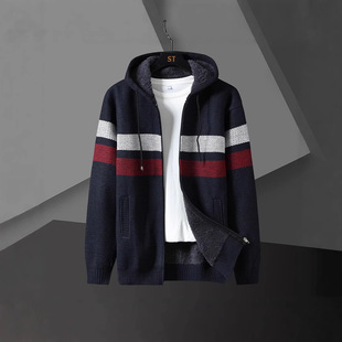 Foreign Trade European and American Striped Fashion Men's Hooded Knitted Jacket fleece-lined Thickened Warm Sweater Cardigan Zipper Men's Wear