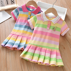 Children's Skirt 2023 Summer New Arrival Korean Style Baby Girl College Casual Striped Pleated Skirt Girl's Collared Dress
