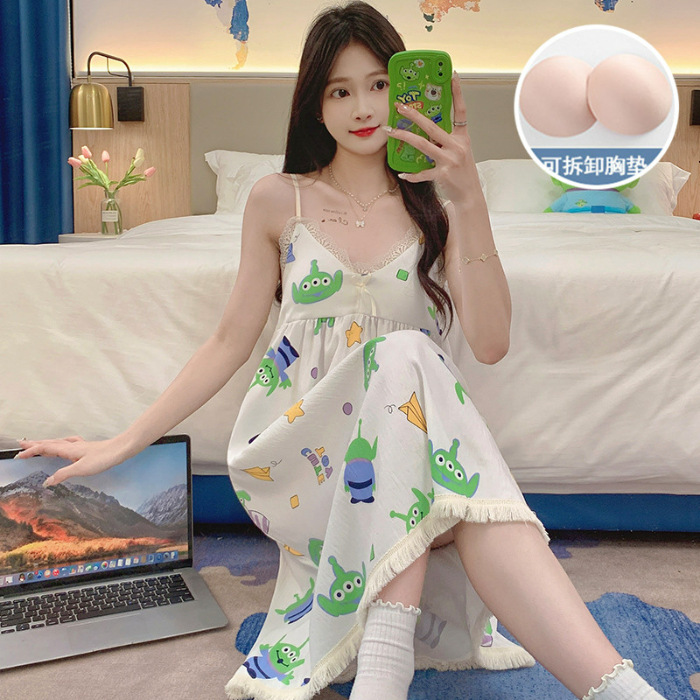 Pijamas de verano de niña cabina larga falda cojín de pecho camiseta ropa casera nubes de algodón dulce ropa casera