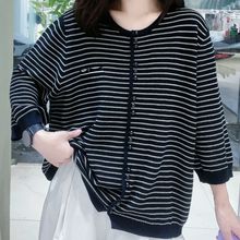 棉线针织开衫女春秋新款条纹百搭慵懒撞色外套上衣休闲复古毛衣女