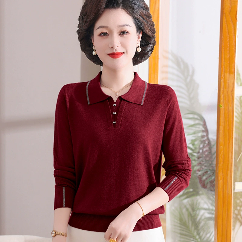 Мама весенняя футболка с длинными рукавами 2025 новый средний возраст женщины с отворотом нижняя рубашка средний возраст вязаная нижняя рубашка