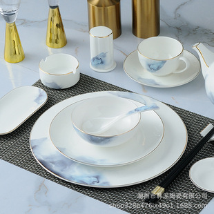 Hotel Tableware Set for New Chinese-Style High-End Star-Rated Clubs, Restaurants, and Company Reception Rooms, Made of Bone China Bowls and Plates