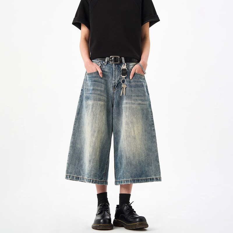 American Retro Washed Bamboo Pattern Distressed Jeans Loose Shorts Men's Summer Wide-Leg Casual Straight Cropped Pants American Retro Washed Bamboo Pattern Distressed Jeans Loose Shorts Men's Summer Wide-Leg Casual Straight Cropped Pants